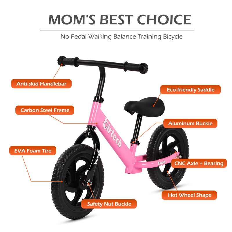 Birtech 12 Inch Toddler Balance Bike for Kids 2-6 Years Old, Adjustable Seat Height, Indoor Outdoor Toy Bicycle With No Pedals, Pink - Image 2
